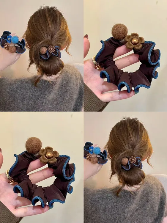 韩系木耳边发圈女2025新款高级感不伤发慵懒低丸子头绳皮筋发头饰