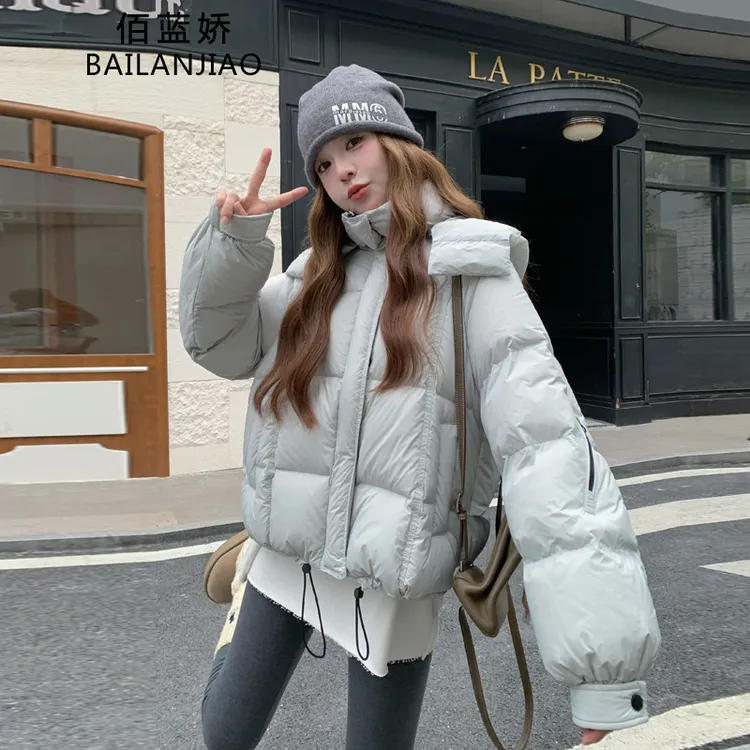 连帽羽绒服女短款2025冬季小个子韩版宽松显瘦白鸭绒面包服外套