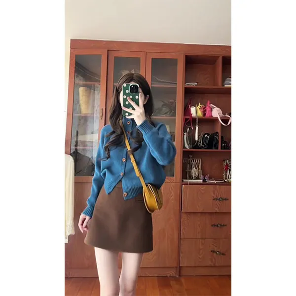 韩系慵懒风软糯毛衣立领外套女秋冬新款百搭针织开衫上衣裙子套装