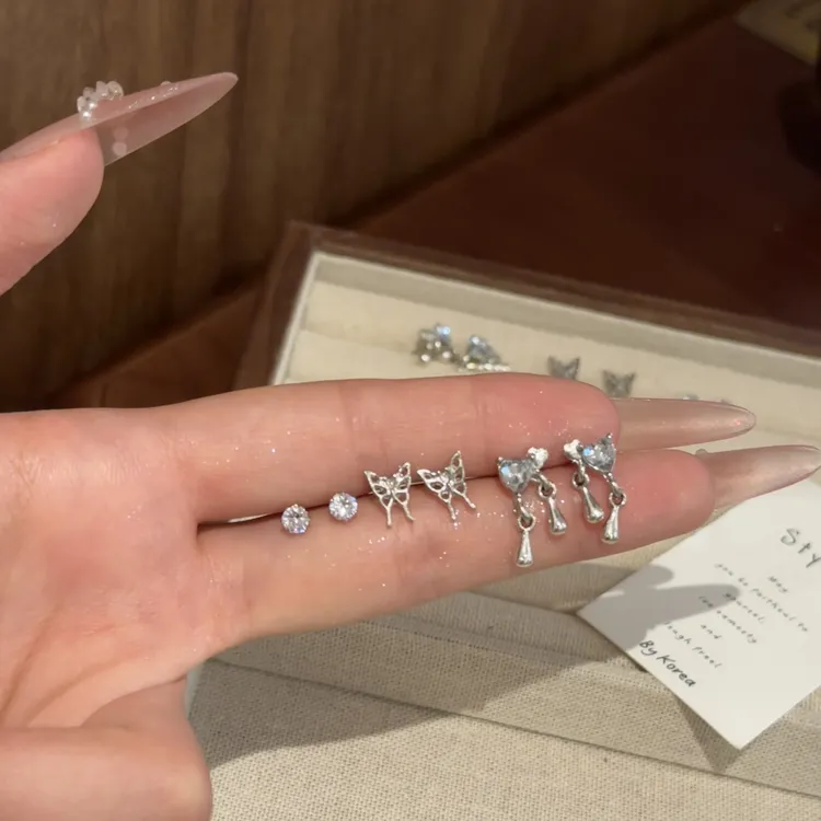 七阅 合金耳饰 精致小钻蝴蝶水滴耳钉小众设计感高级三件套组合