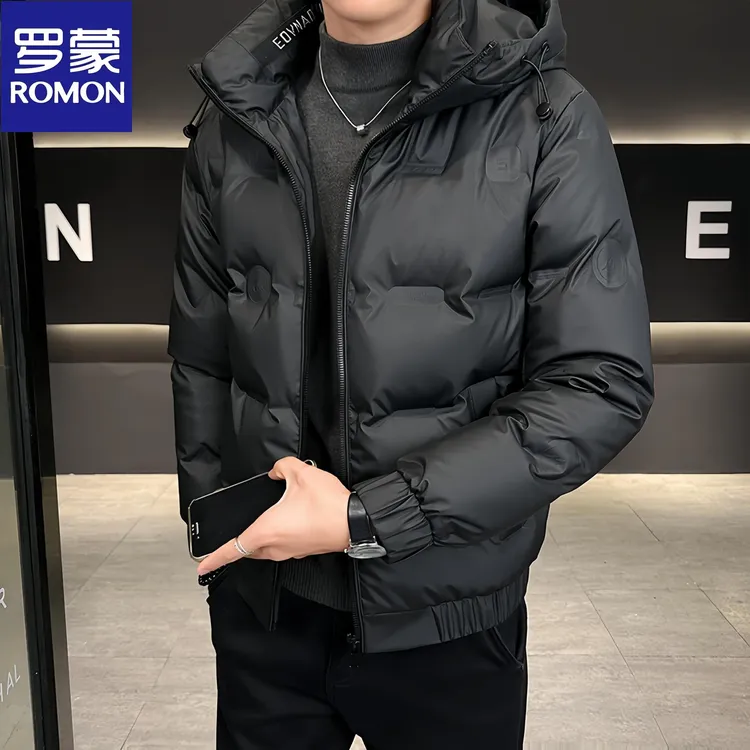 Romon/罗蒙冬季新款连帽羽绒服男士短款时尚百搭潮流防寒保暖外套