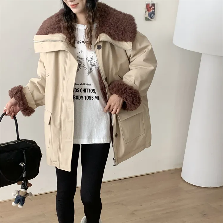 杨幂同款2025冬季新款仿羊羔毛百搭保暖加绒加厚拼接派克服外套
