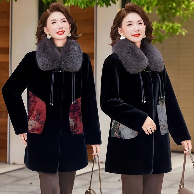 妈妈冬装仿皮草外套女中长款加厚保暖中老年女秋冬时尚毛呢大衣