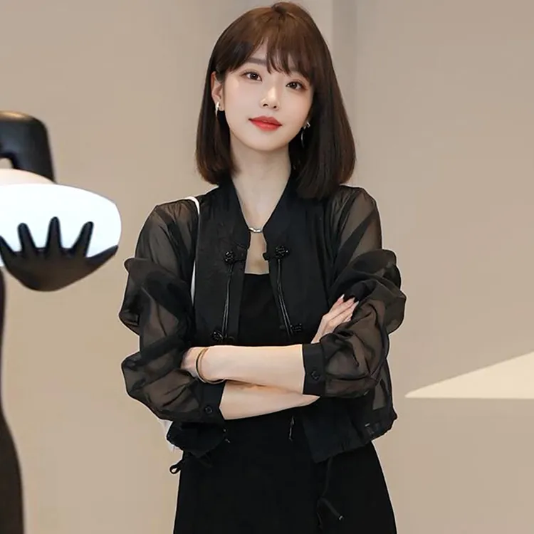 新中式国风防晒衣衬衫女2025夏季配吊带裙子外搭披肩开衫薄款黑色