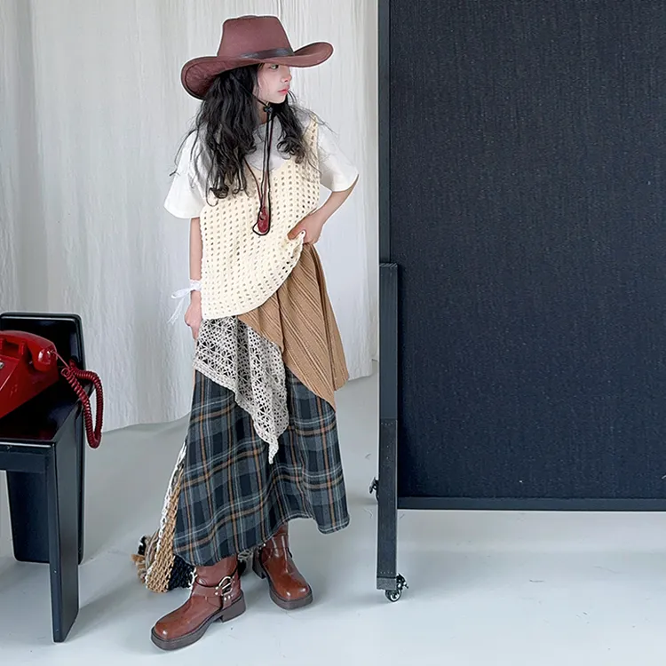2025女童春秋夏季新款复古森系网格马甲西部风撞色裙休闲百搭套装