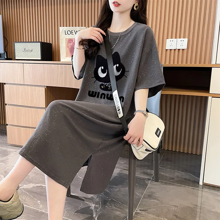 趣味卡通短袖T恤裙女2025夏季韩版宽松遮肉满天星圆领连衣裙ins潮
