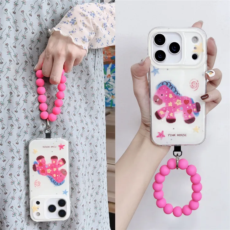 韩系芭比粉抽象小马适用苹果17pro串珠iphone16promax手机壳15/14