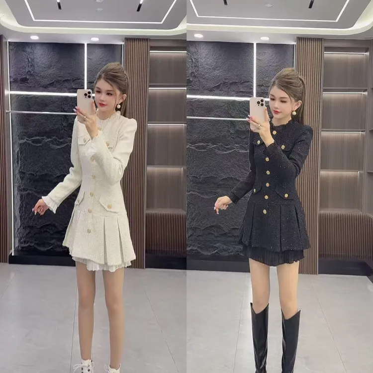 秋季0893 气质小香风收腰假两件菲菲边连衣裙