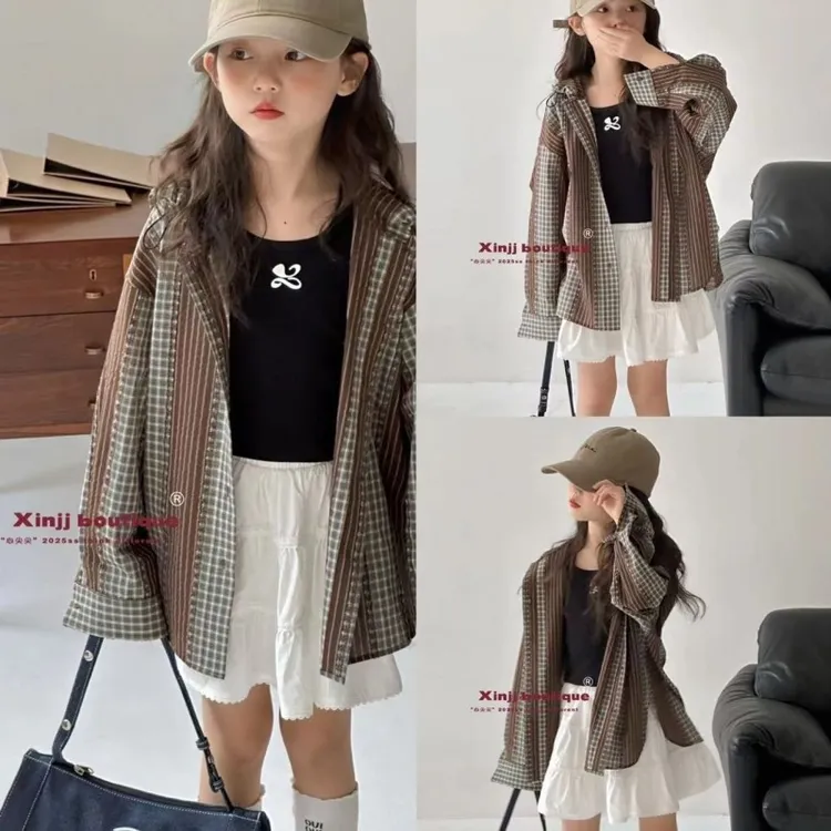 女童衬衫春夏新品洋气女孩格纹时尚百搭外套儿童休闲连帽防晒衣潮