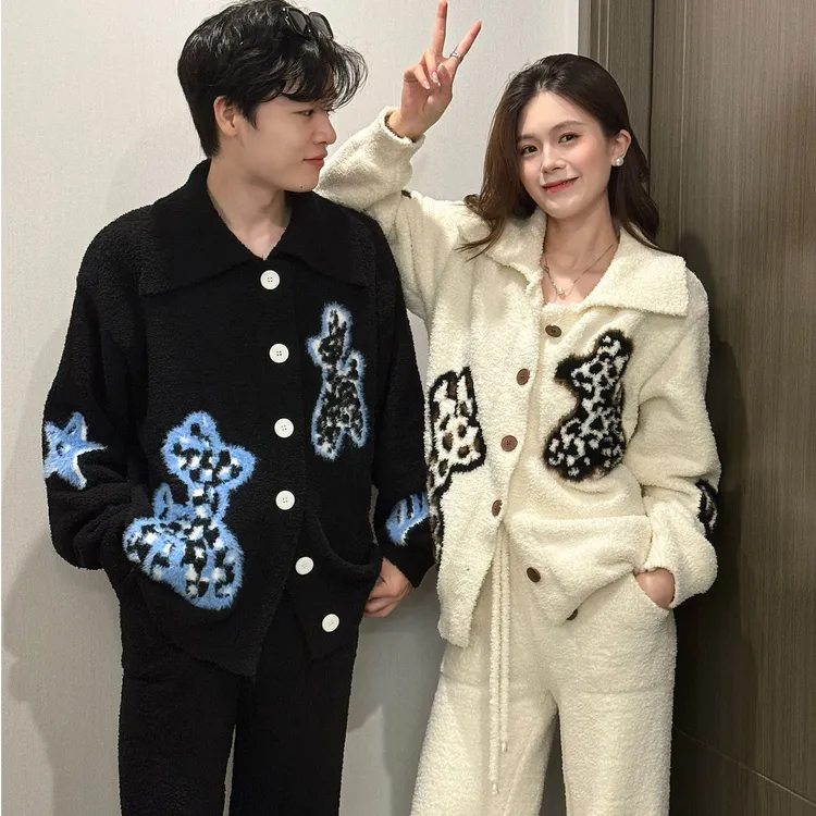 2025秋冬季斑点狗轻奢半边绒慵懒风加厚家居服套装女