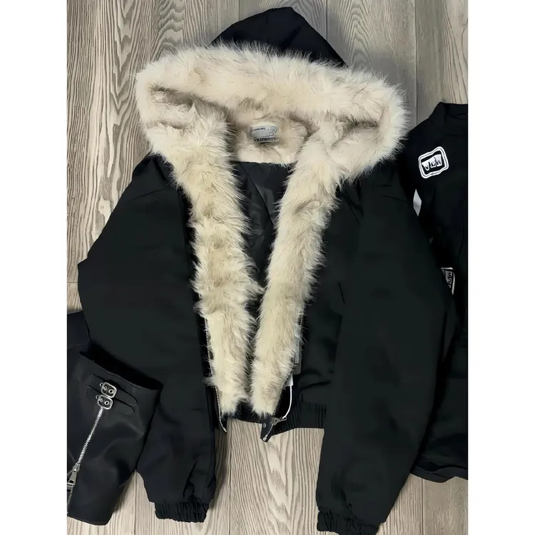 黑色座山雕毛领连帽棉服外套男冬季cleanfit美式解构短款夹克棉衣