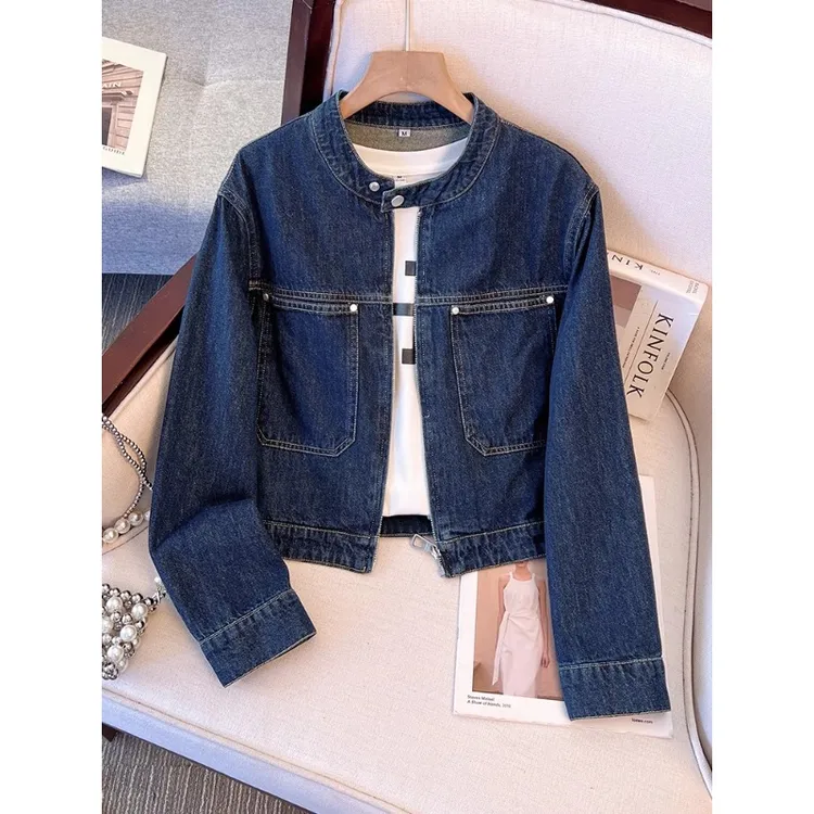 2025年开春春夏新款丹宁蓝深色圆领女短款拉链开衫薄夹克牛仔外套