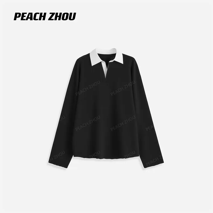 『PEACHZHOU』撞色翻领400g毛圈松驰散边宽松休闲暗系扣POLO卫衣