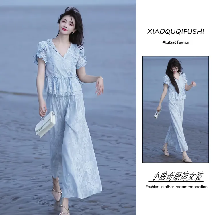 夏季2025新款一整套女装韩系氛围感穿搭显瘦蕾丝短袖阔腿裤两件套