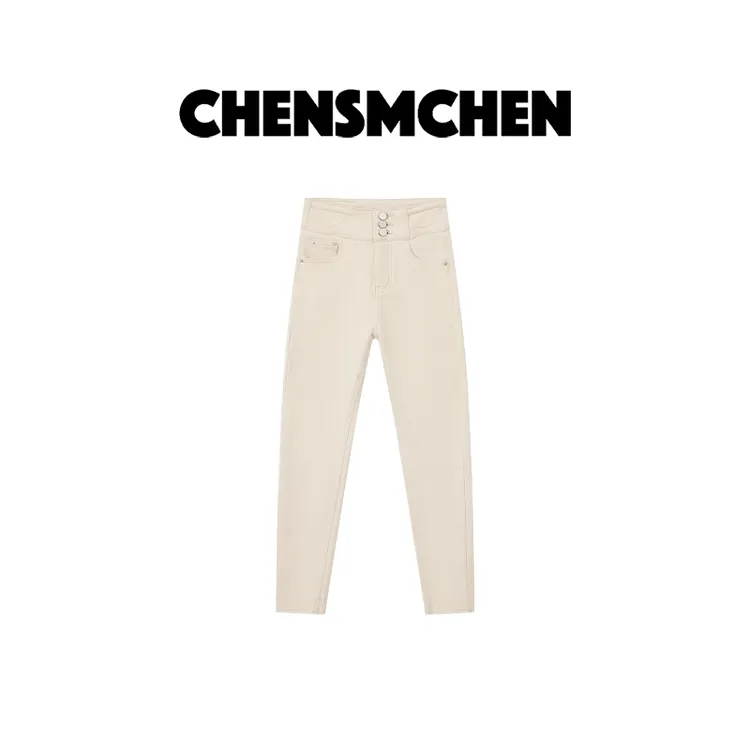 CHENSMCHEN【本命战裤】高腰高弹力修身加绒米白色牛仔裤CSN11944WL