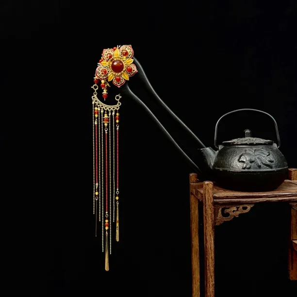 亭中荷【松涧雪】发簪檀木扇形新年款式原创设计手工制作古风