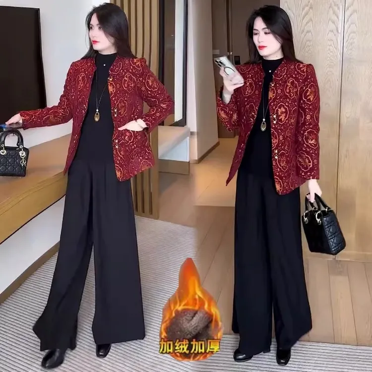 加绒加厚新中式国风短外套女2025秋冬新款时髦洋气提花气质上衣潮