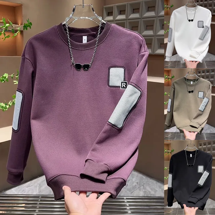 2025秋冬加绒卫衣男新款重磅潮牌刺绣拼接长袖t恤宽松潮流爆款