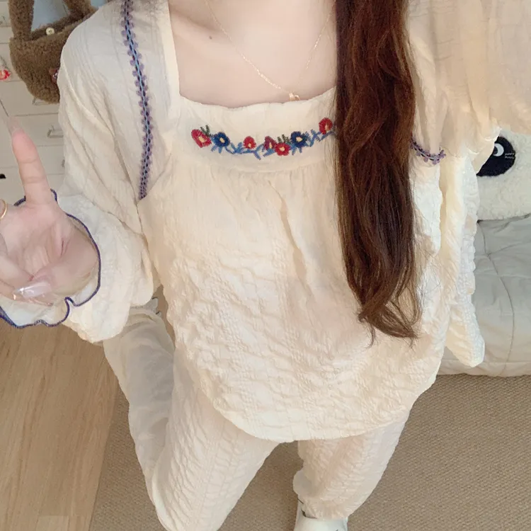 【带胸垫】韩系小花睡衣女2025新款春秋季亲肤棉长袖长裤家居服套装