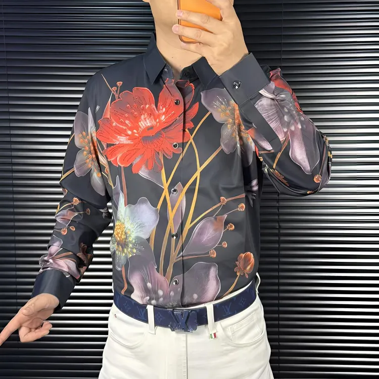 FLD秋季新款高品质欧货桑蚕丝翻领潮流男士无缝烫钻花卉衬衣6377