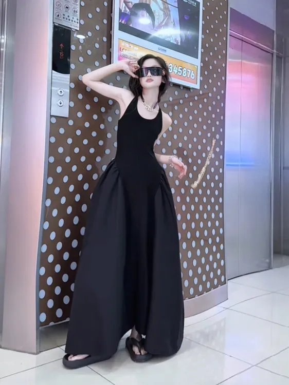 女童夏季褶皱拼接气质裙子收腰无袖长裙吊带裙黑色小众连衣裙荡领