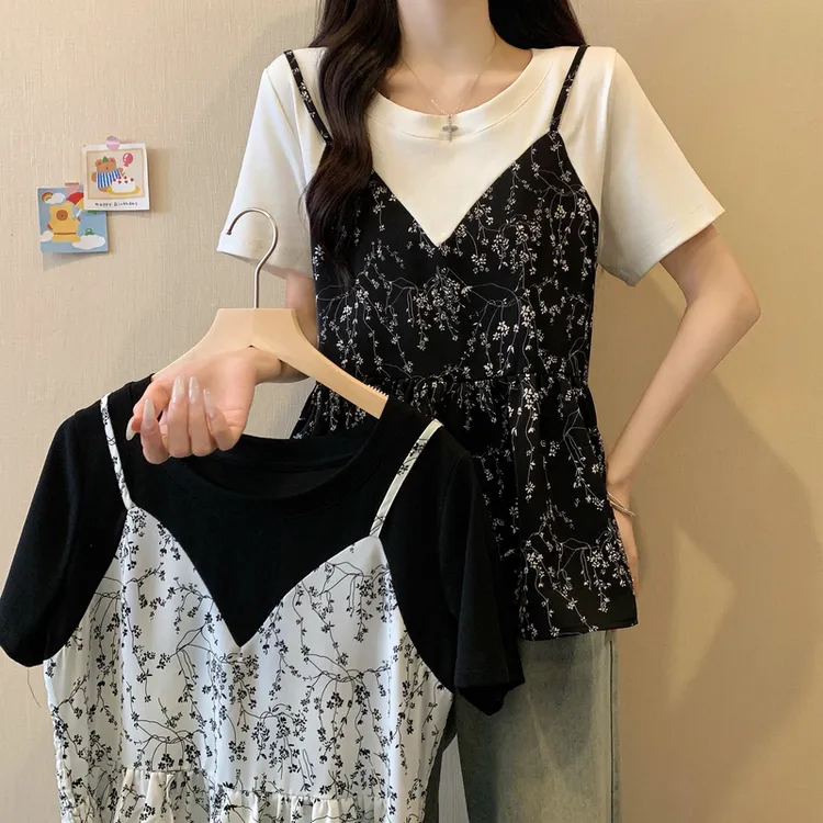 2025夏季新款大码洋气拼色碎花假两件T恤上衣老钱风松弛感女装潮