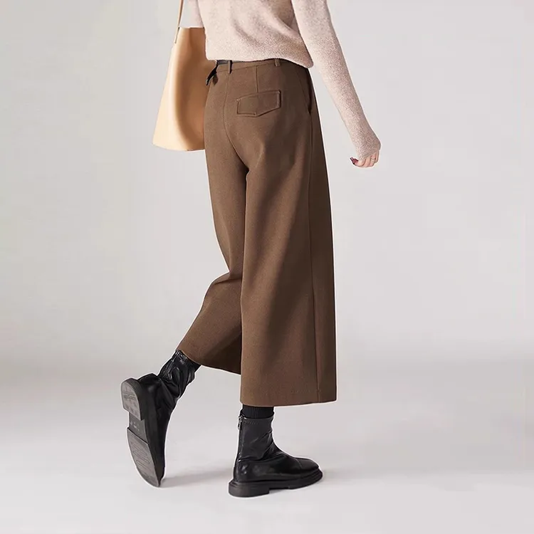 2025秋冬新款加厚拉毛保暖八分阔腿裤女高腰直筒显瘦毛呢休闲裤女