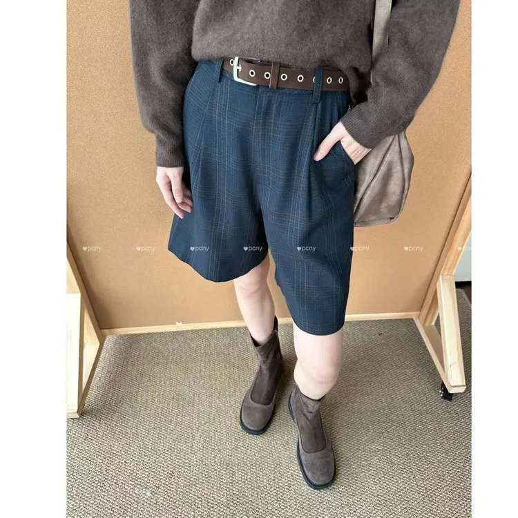 PCNY「格间非欧」不理理秋季新款小众女装时尚休闲宽松百搭格纹短裤
