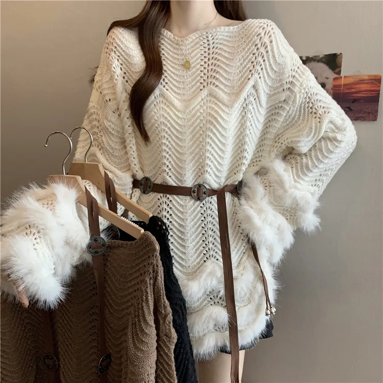 设计感镂空长袖毛衣女秋冬大码微胖mm减龄腰带收腰针织衫