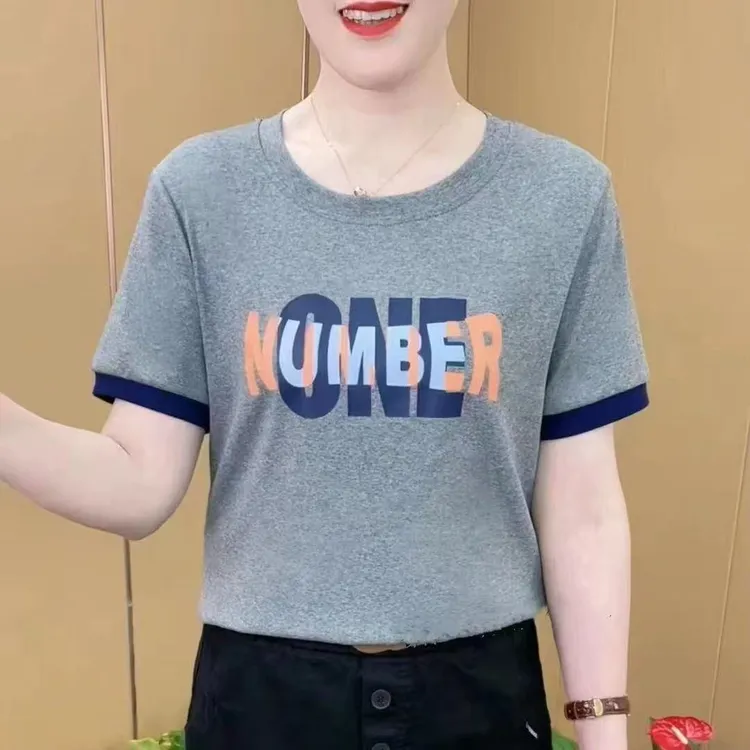 夏季圆领短袖t恤女士薄款上衣宽松洋气大码休闲百搭小衫