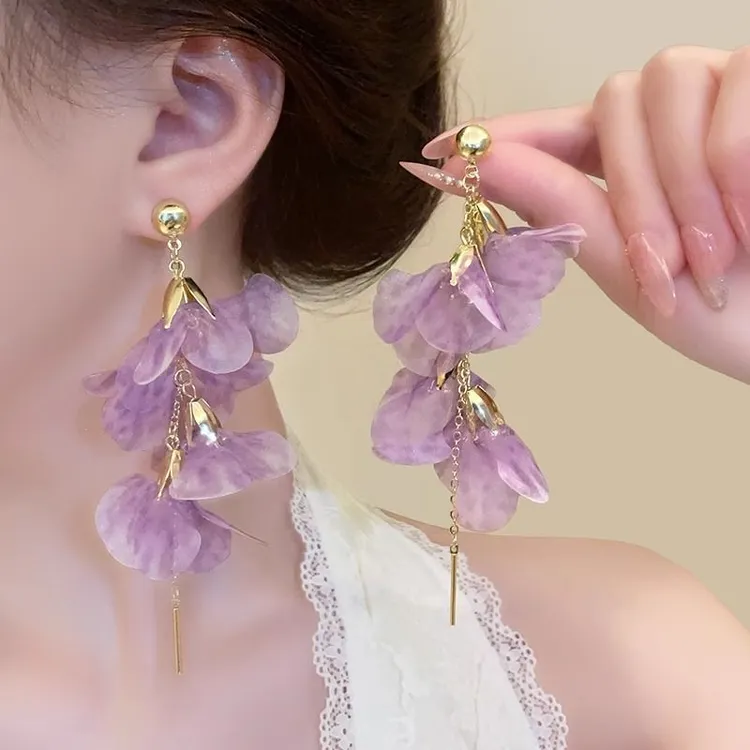 氛围感浪漫渐变紫色花瓣流苏耳环高级感气质耳钉女仙气度假风耳饰