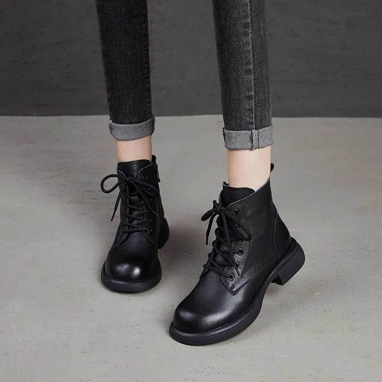 秋冬新款真皮英伦风马丁靴女圆头百搭软底头层牛皮廋廋靴系带短靴