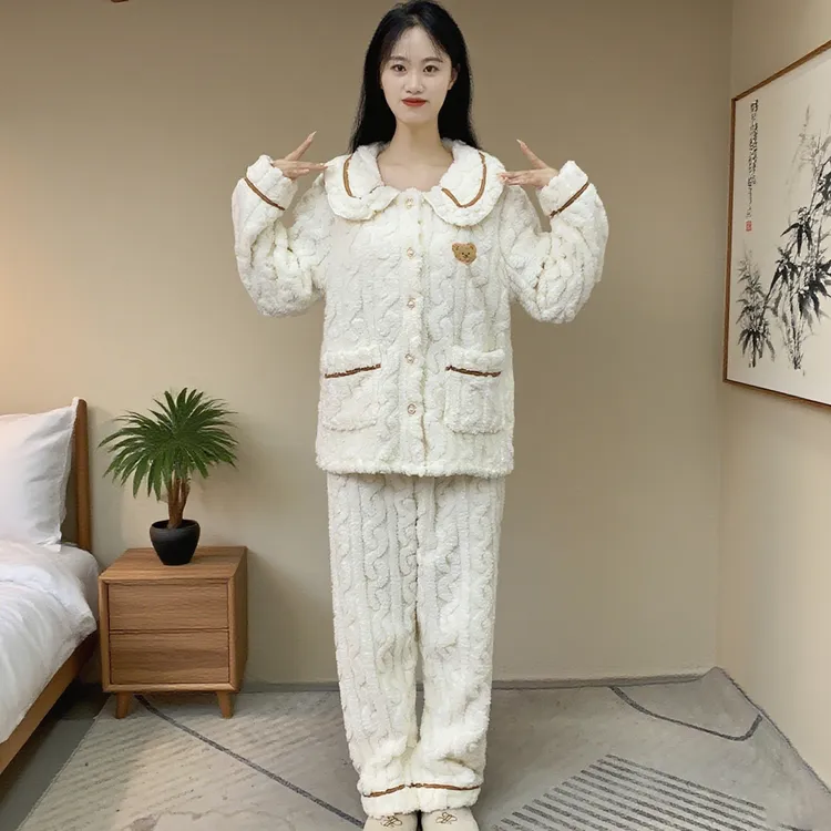 睡衣女秋冬款2025新款高级感加厚提花法兰绒可外穿家居服套装Y91