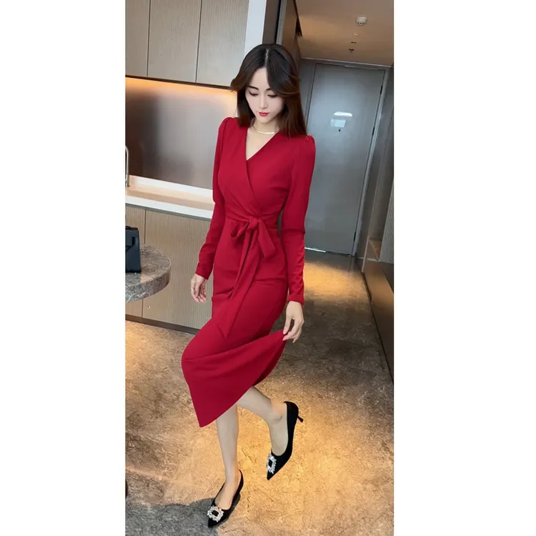 名媛风气质洋气交叉V领系带鱼尾裙女中长款显瘦裙子潮