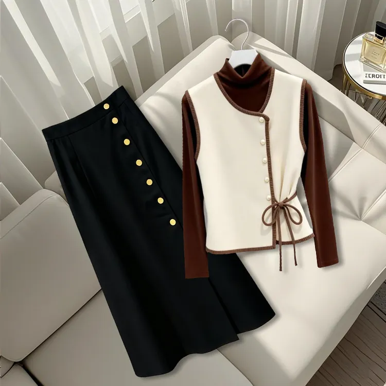 时髦气质高级感三件套2025秋冬季新款爆款显瘦马甲打底衫半身裙女