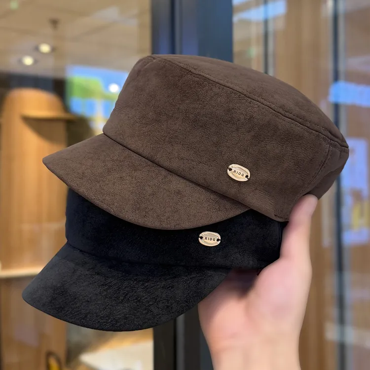 日系麂皮绒平顶马术帽子女2025新款春秋季时髦显脸小鸭舌报童帽潮
