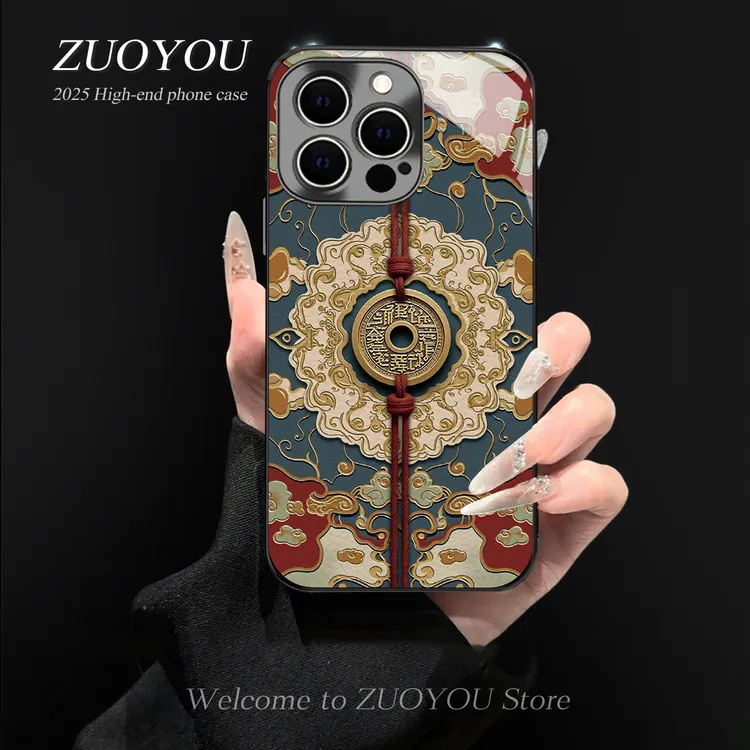 招财铜币电镀壳适用苹果16pro华为vivo小米oppo手链手机壳