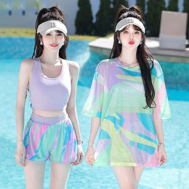 大码泳衣女三件套2025新款度假海边泡温泉遮肉显瘦保守分体游泳衣