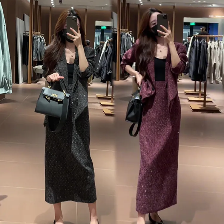 大码女装复古风套装裙胖mm时尚气质星空亮钻西装外套半身裙两件套