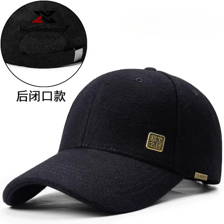 HICHIN中国风棒球帽男冬季后闭口帽子大头围羊毛加绒保暖鸭舌帽