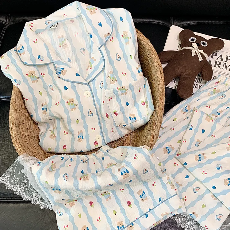 睡衣女印花夏天韩版三件套可爱卡通云朵绵夏季家居服透气套装