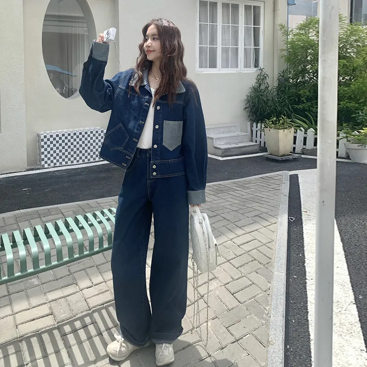 港风复古松弛感牛仔套装女2025秋季休闲甜酷夹克外套阔腿裤两件套