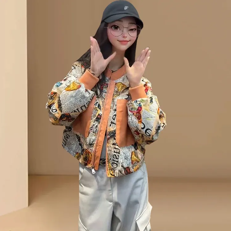 美式街头画报短款拉链棒球服外套女春秋2025新款超火工装夹克上衣