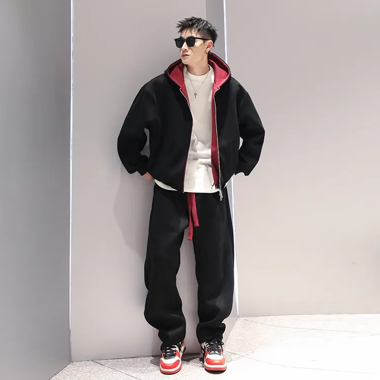 大码男装重磅美式拉链连帽卫衣套装男2025春季新款宽松运动两件套