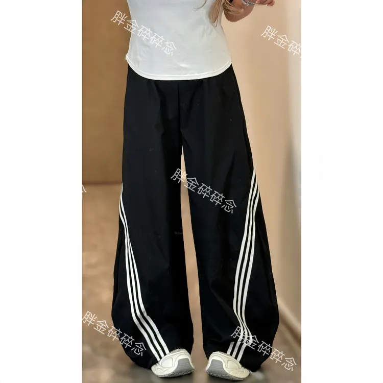 胖mm大码女装高个子美式复古三条杠弯刀高腰阔腿裤裤子胖mm显瘦款