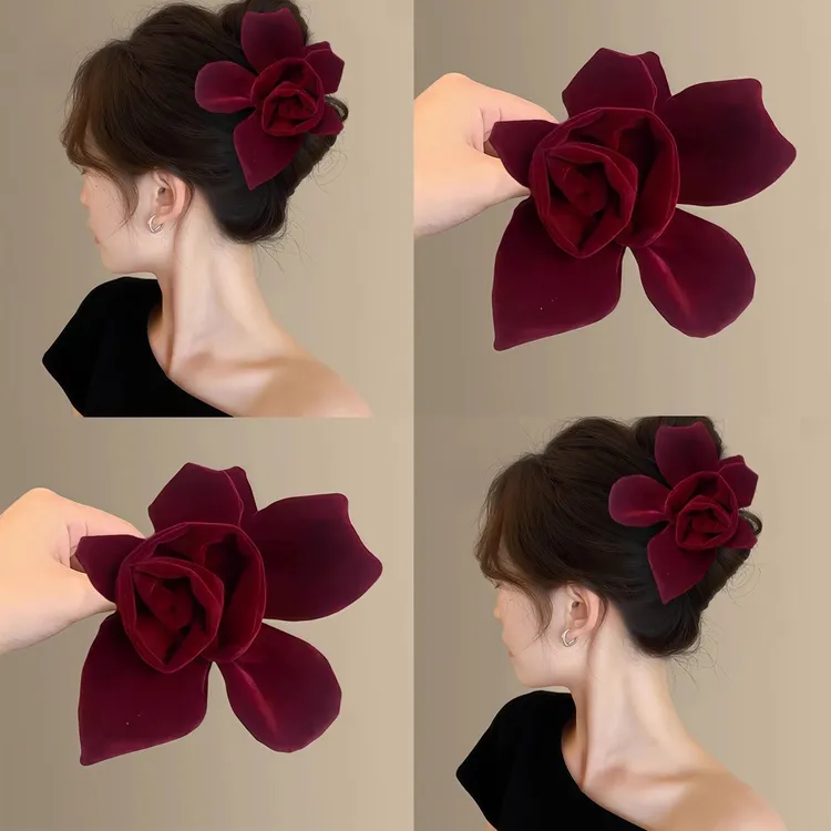 气质丝绒花朵高级感抓夹网红新款早秋冬氛围感发量大抓夹女鲨鱼夹