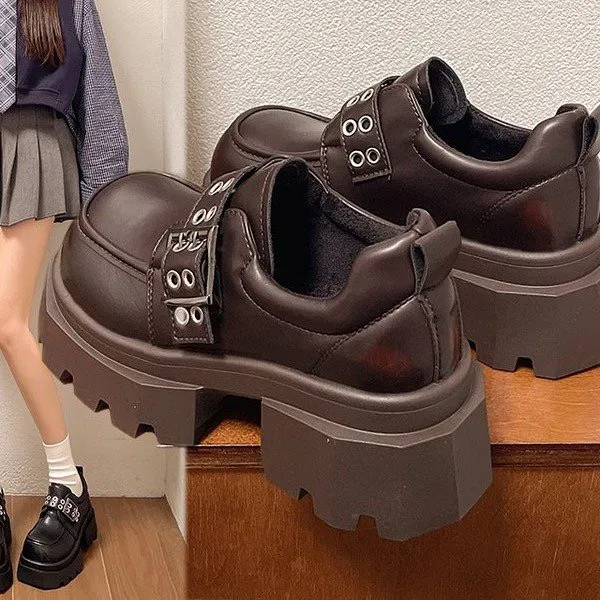 欧洲站擦色皮带扣厚底松糕大头JK小皮鞋乐福鞋加绒百搭休闲鞋女鞋