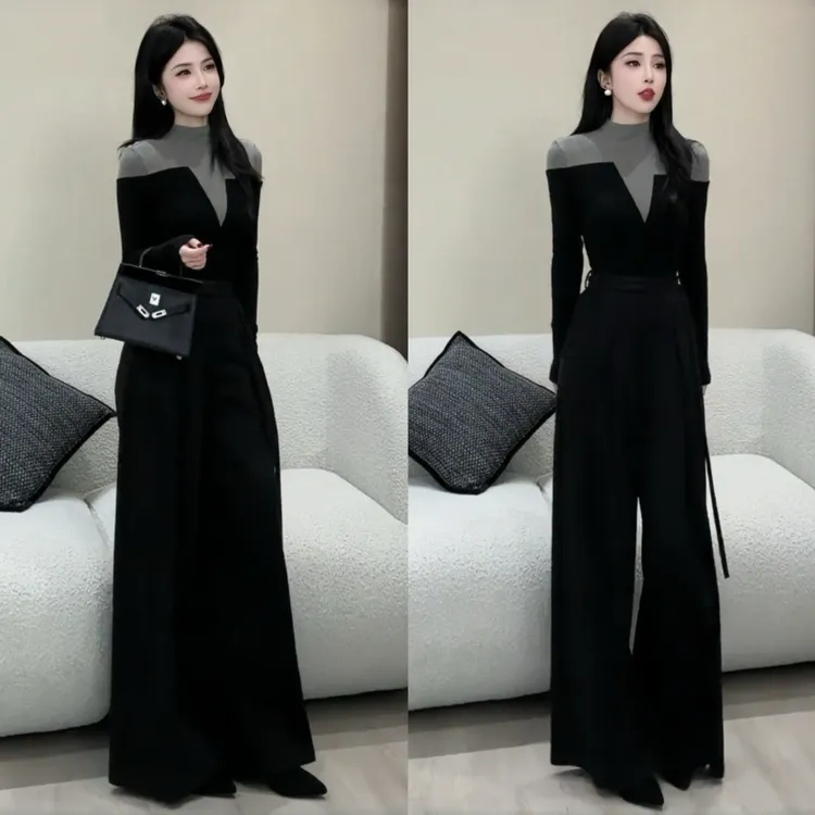 巨好看的两件套秋冬装御姐知性气质半高领长袖磨毛T恤阔腿裤套装