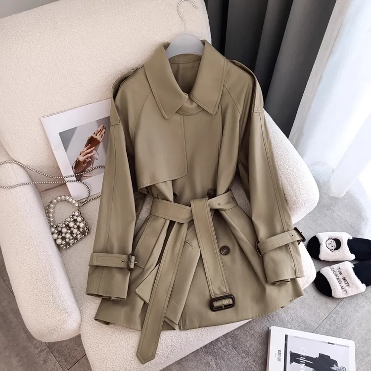 纪诗哲女装复古英伦风小个子短款风衣女时尚百搭宽松休闲纯色外套