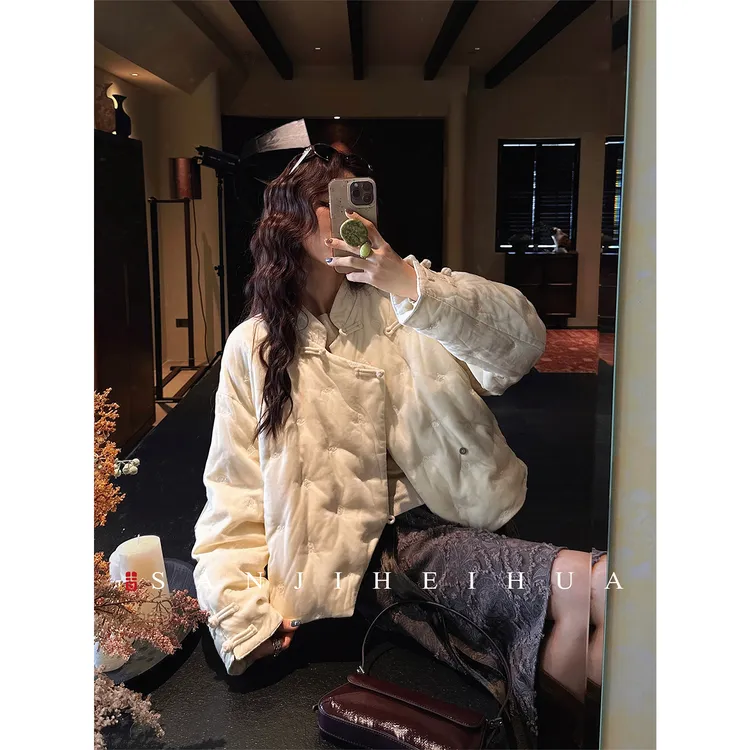 三吉黑花【与君同】新中式丝绒网纱短款羽绒服冬季女款国风外套潮